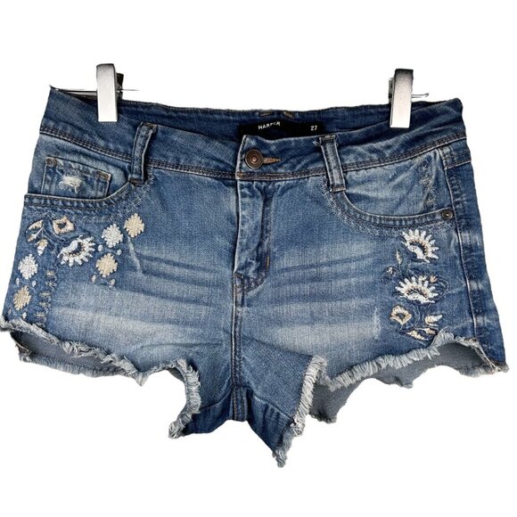 Harper 27 Embroidered Jean Shorts Cut Off Denim Concert Boho - Picture 1 of 6